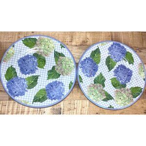 Hydrangea Patterned MELAMINE Salad Plates Blue & Green Floral Design Set Of 2